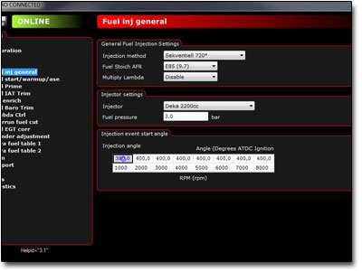 MaxxECU Mtune - Inställningssida för val av spridare och bränsletyp MaxxECU Mtune - Inställningssida för val av spridare och bränsletyp